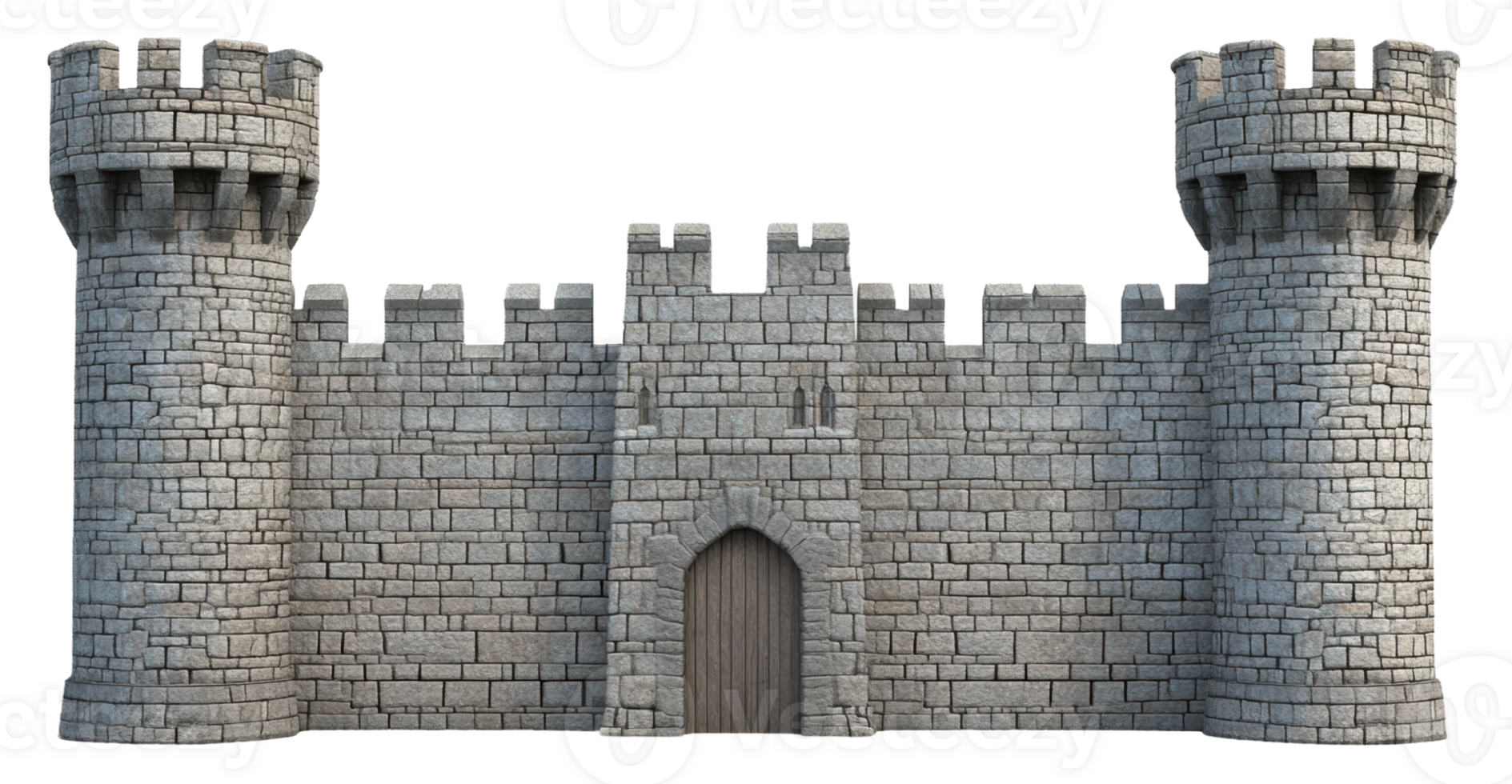 Stone castle with towers and wooden doors, cut out - stock . png