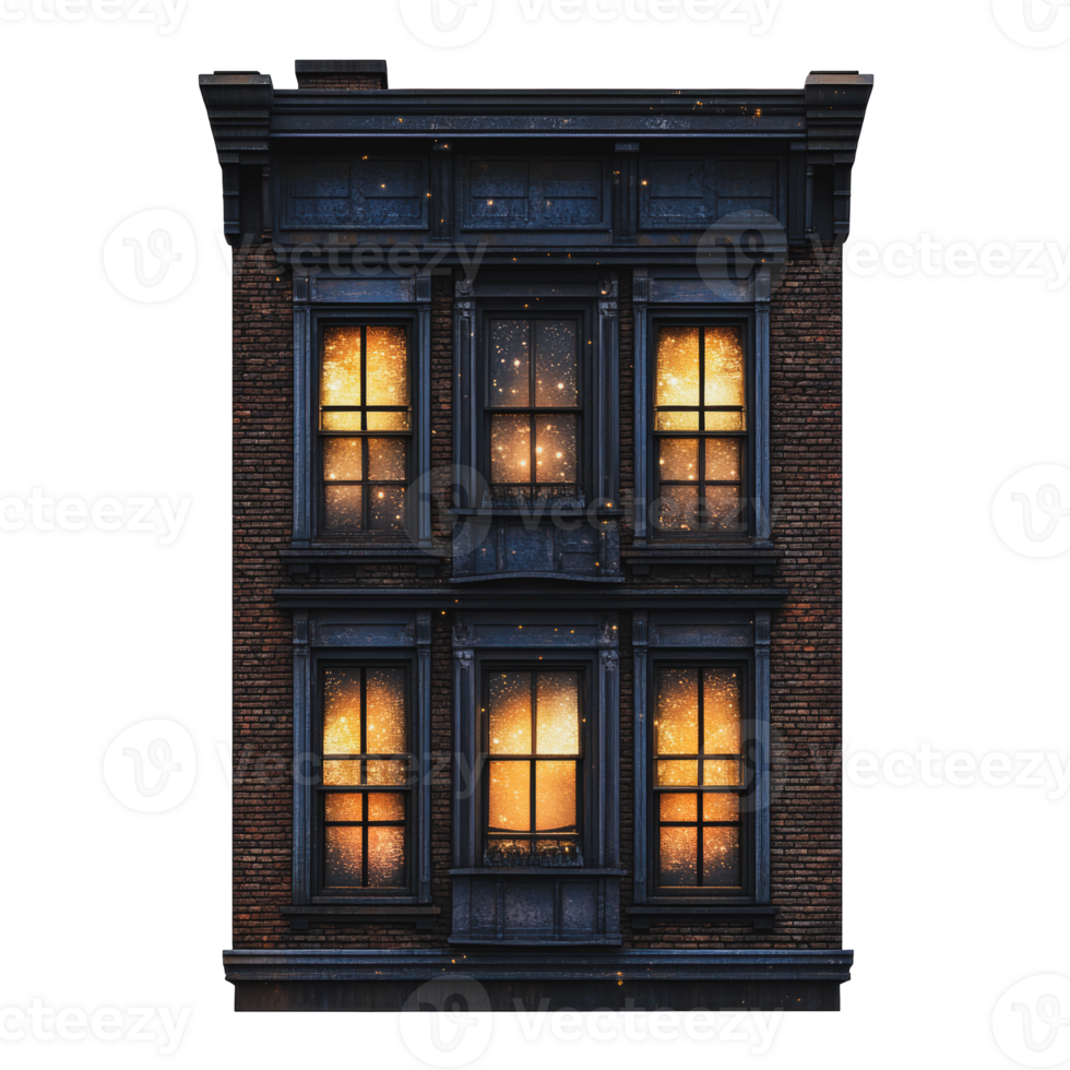 Glowing windows on a brick building at night png