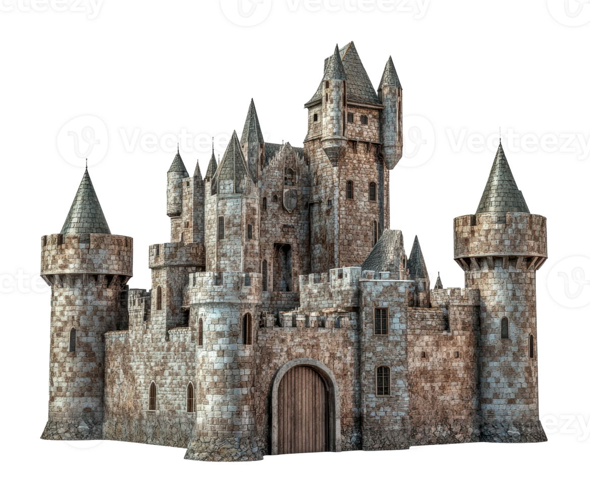 Medieval castle model with towers and stone walls, cut out - stock . png
