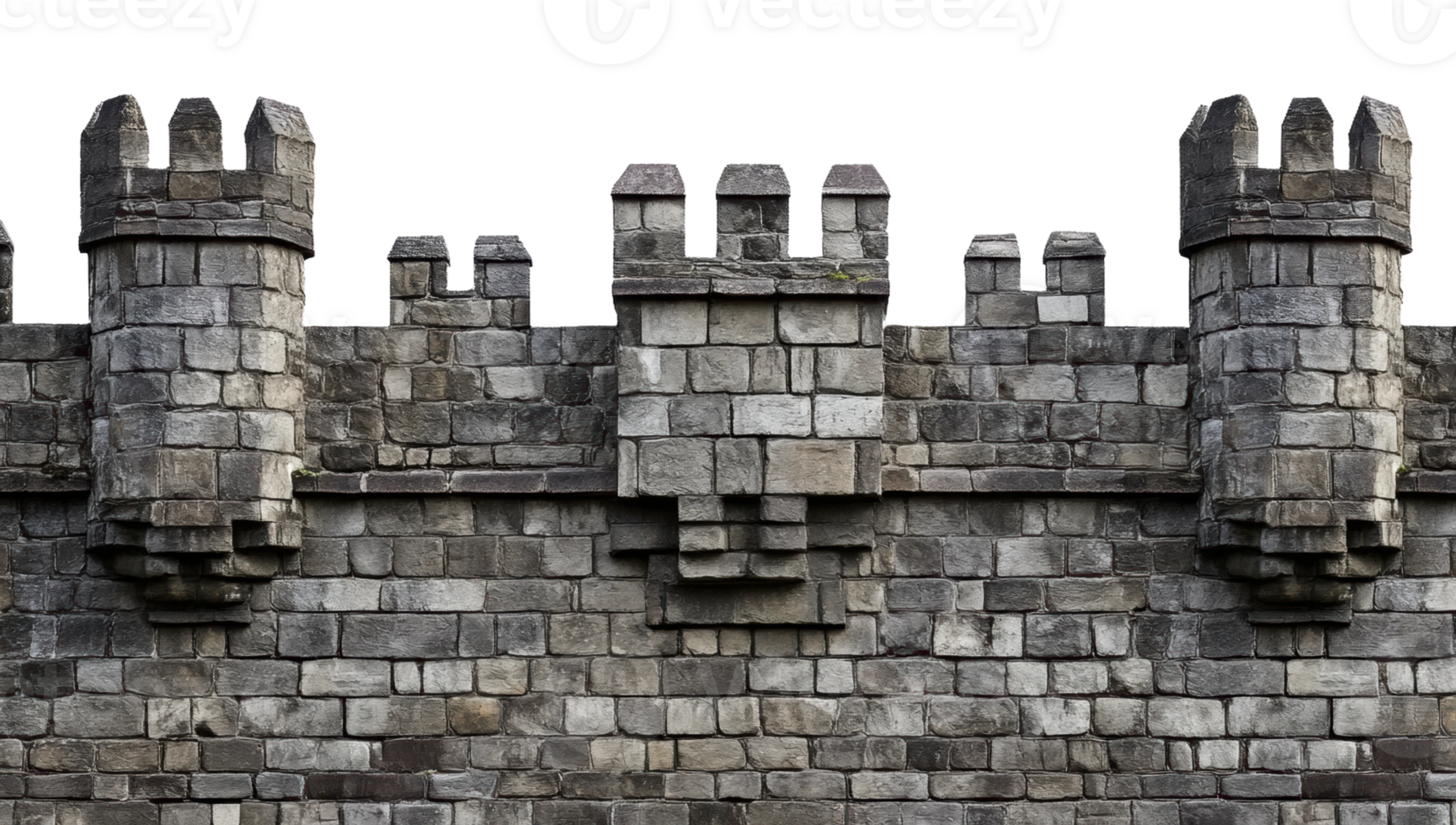 Ancient stone castle wall with battlements, cut out - stock . png