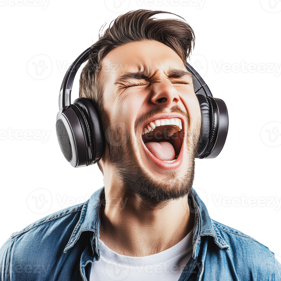 Young man enjoying music with headphones png