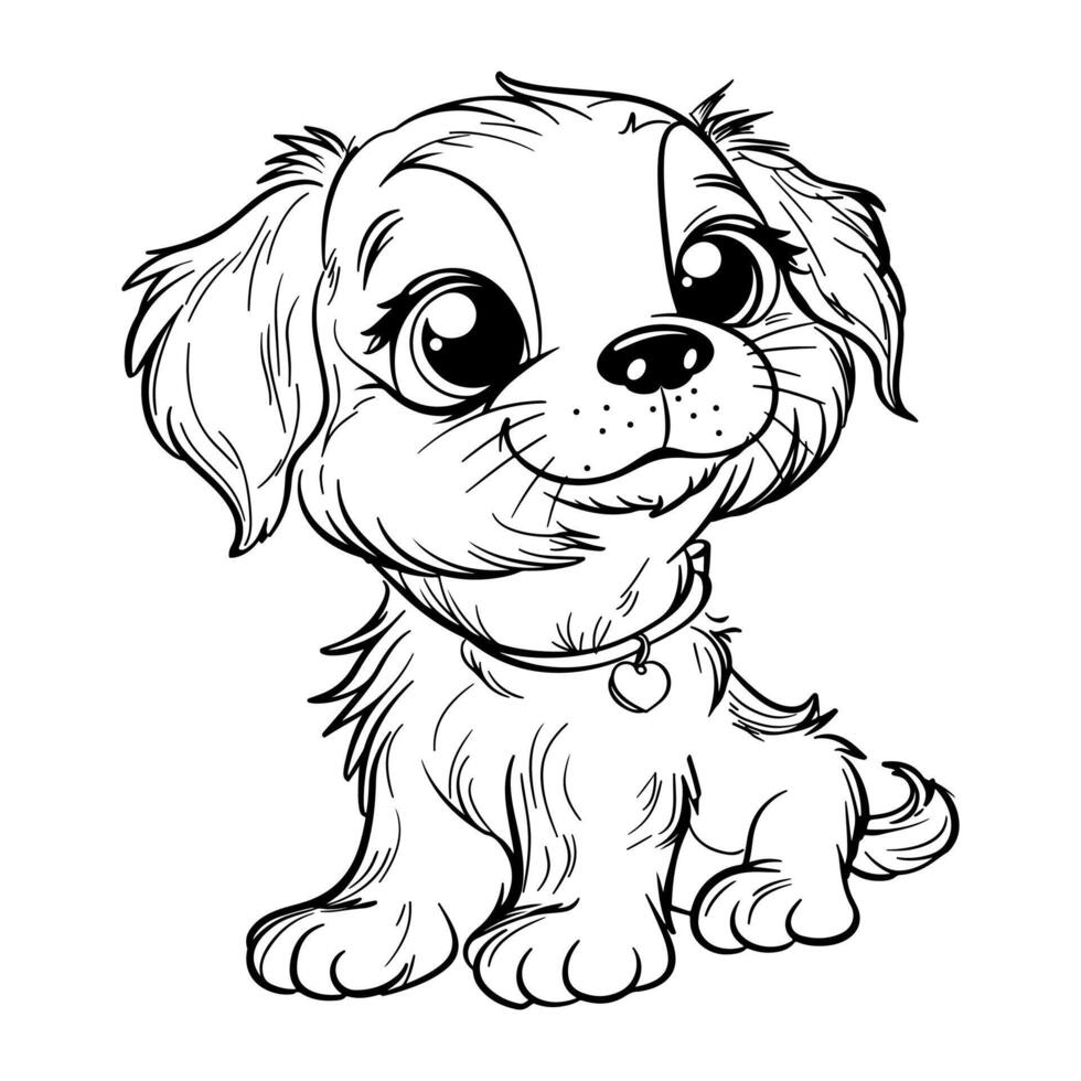Cute Puppy coloring page, Line art of happy puppy sitting cartoon on white background. vector