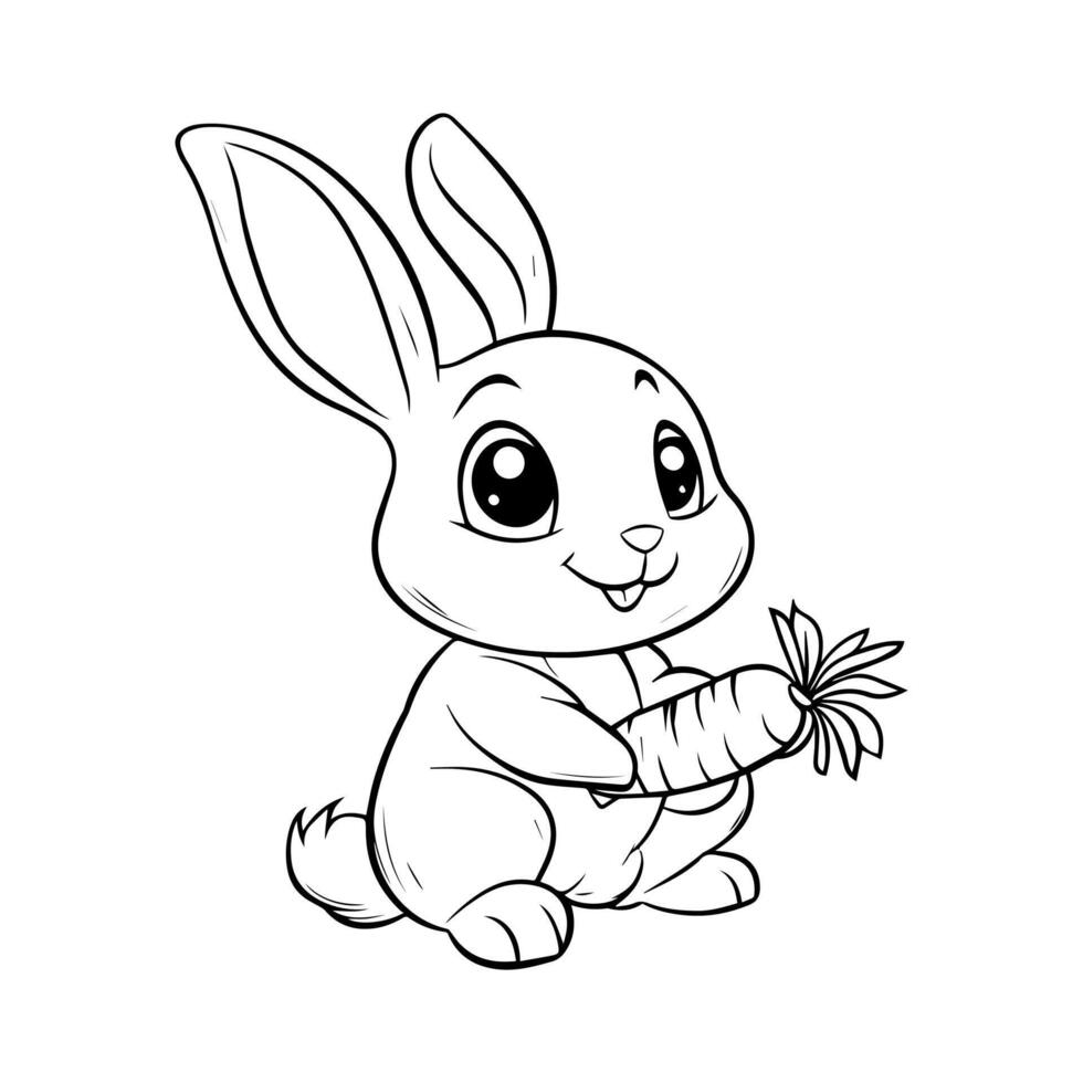 Cute, kawaii baby bunny with a flower coloring page for kids on white background. vector