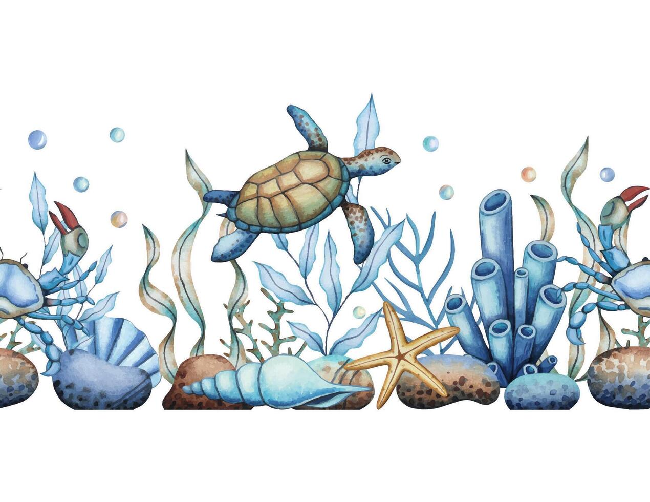 Sea seamless border with a turtle, crab, algae, stones, bubbles, shells. Underwater world. Hand drawn watercolor illustration vector