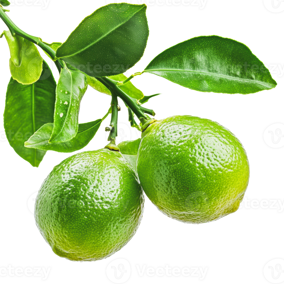Green limes hanging on tree branch in sunlight png