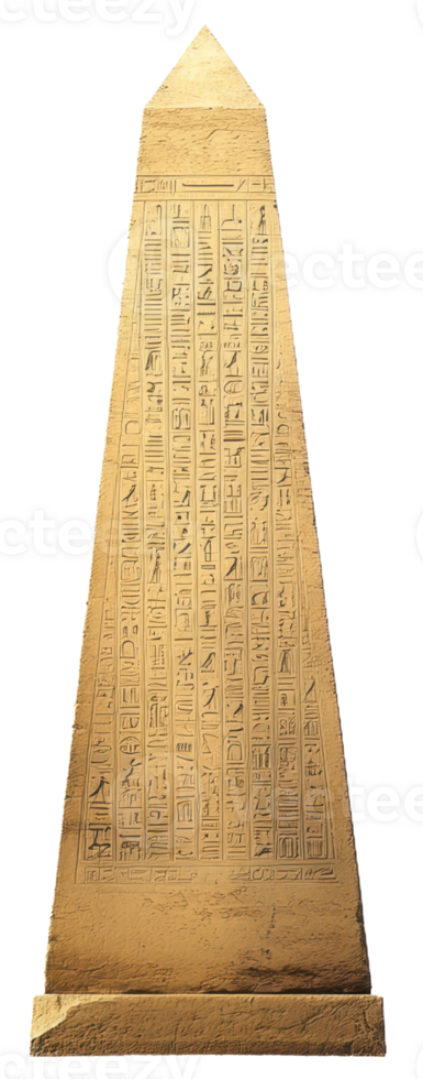 Ancient Egyptian obelisk with hieroglyphics displayed in a museum, showcasing intricate carvings and historical significance, cut out - stock . png