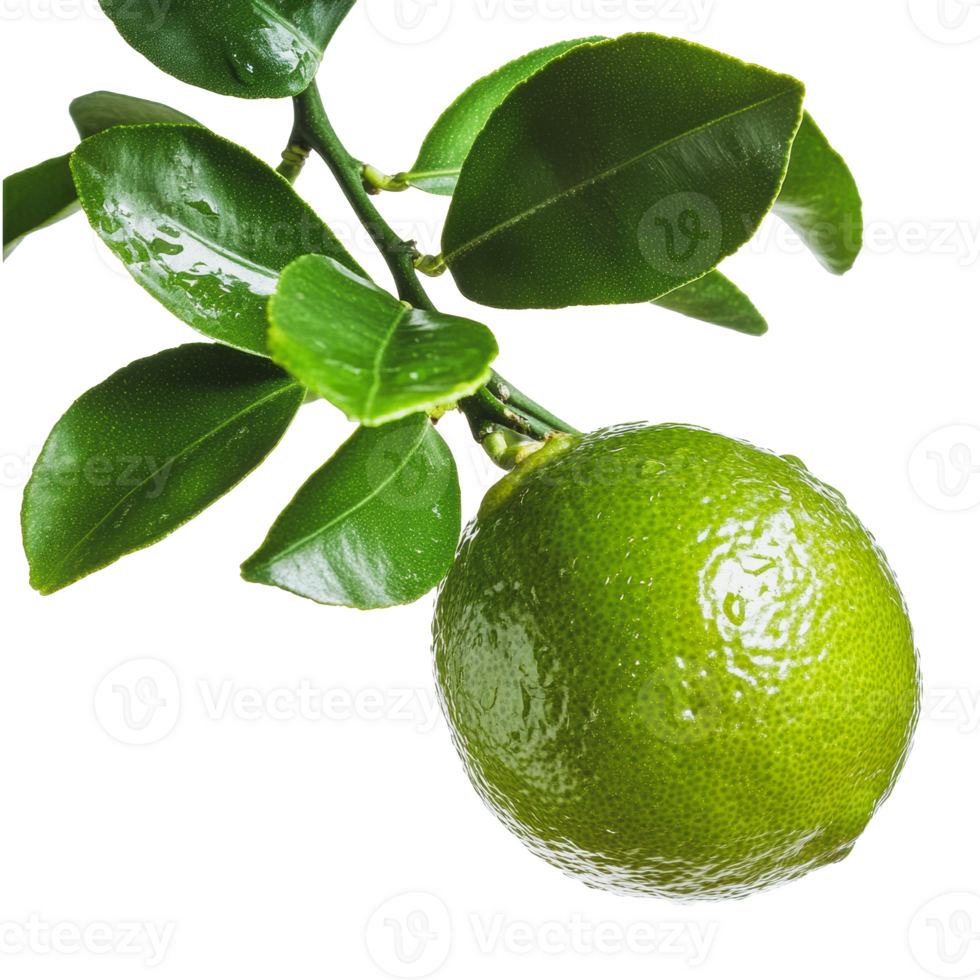 Fresh green lime hanging on a tree branch png