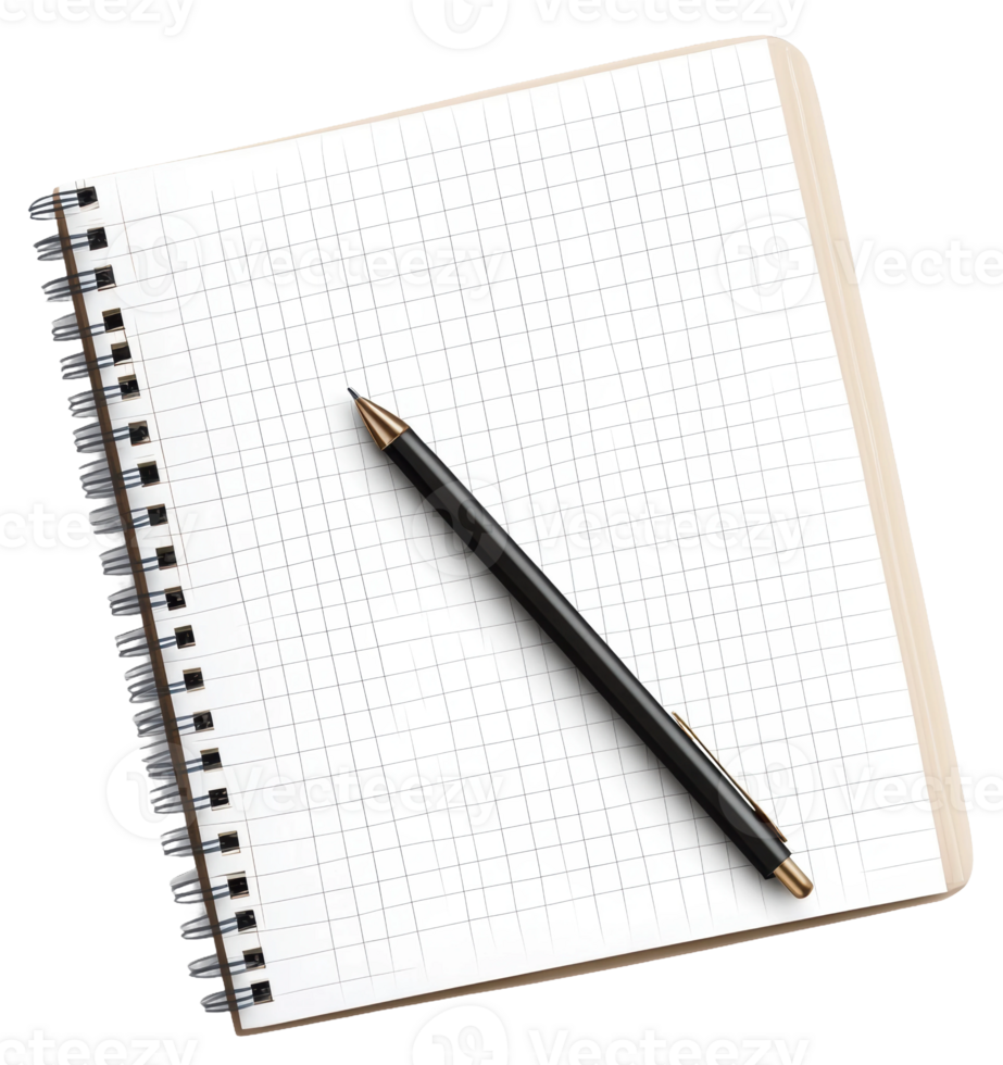 Blank graph paper notebook with pen on desk, cut out - stock . png