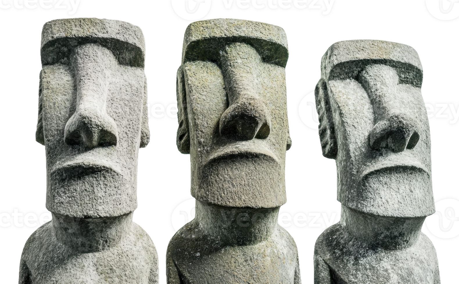 Three ancient stone statues with distinct features, cut out - stock . png