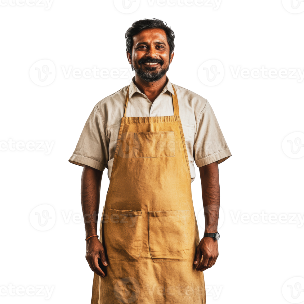 Smiling man wearing an apron in a studio setting png