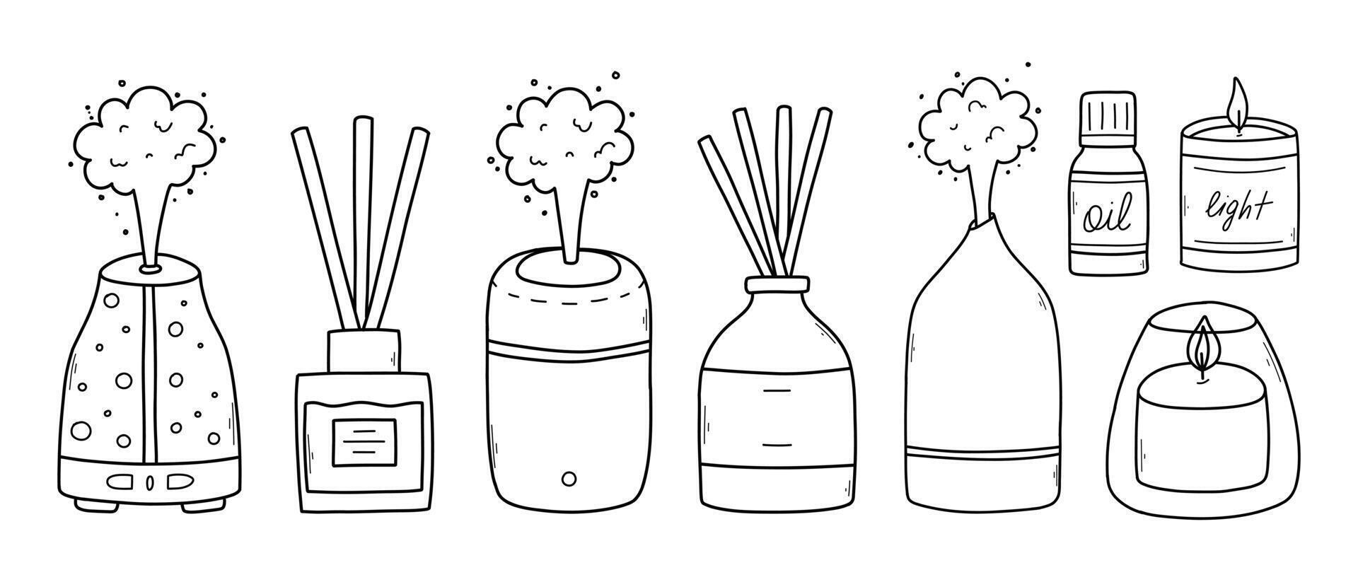Set of aroma diffusers in doodle style. Collection of linear diffusers isolated on a white background. illustration. vector