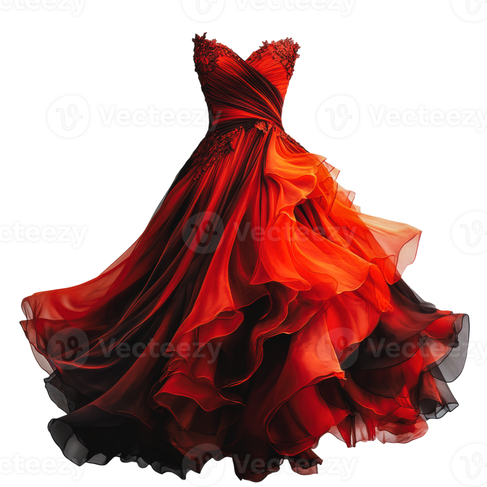 Elegant red gown with flowing layers on display png