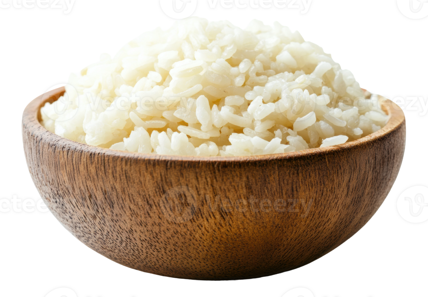 Bowl of fluffy white rice on wooden surface, cut out - stock . png