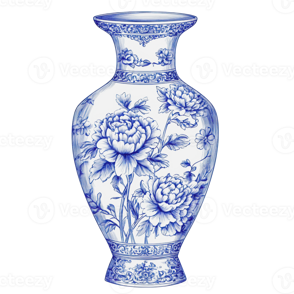 Blue and white porcelain vase with floral design png