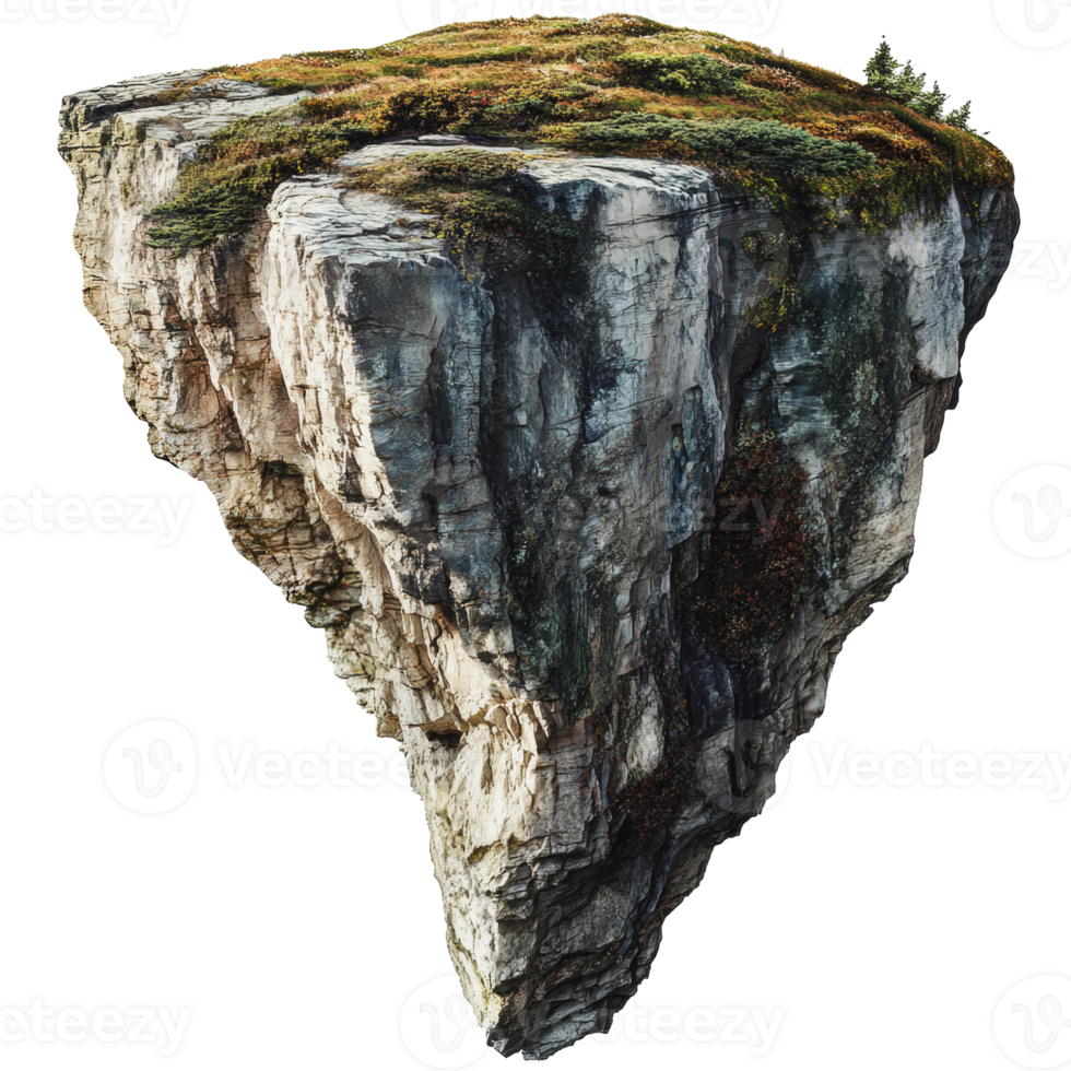 Floating rocky island with greenery in isolation png