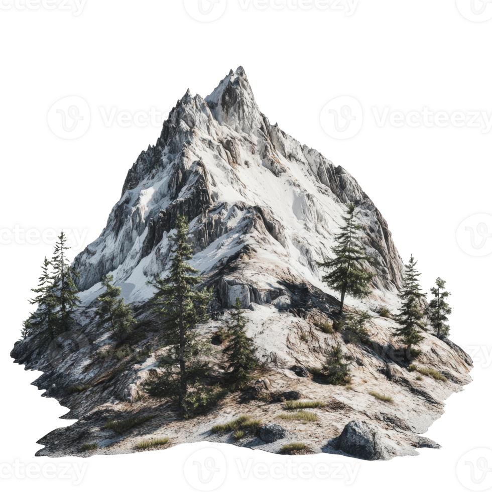 Snow-capped mountain with rocky terrain and trees png