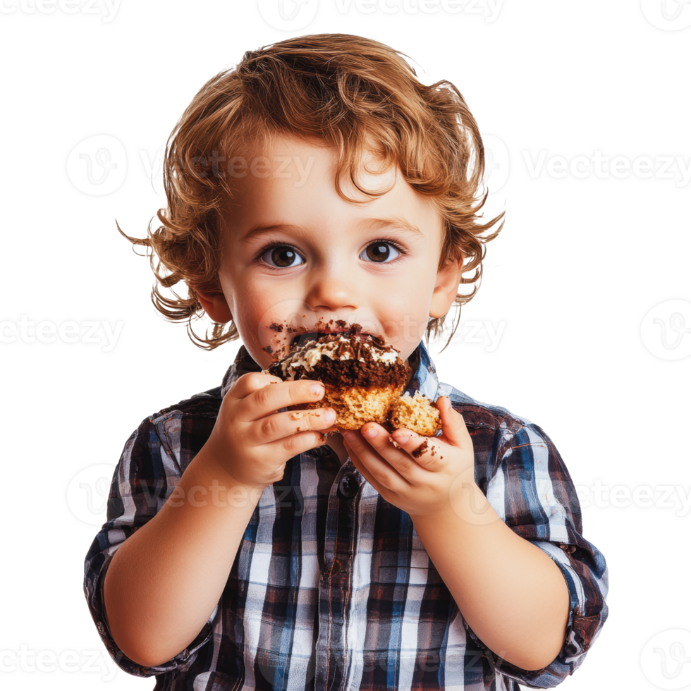 Child enjoying a chocolate cupcake indoors png