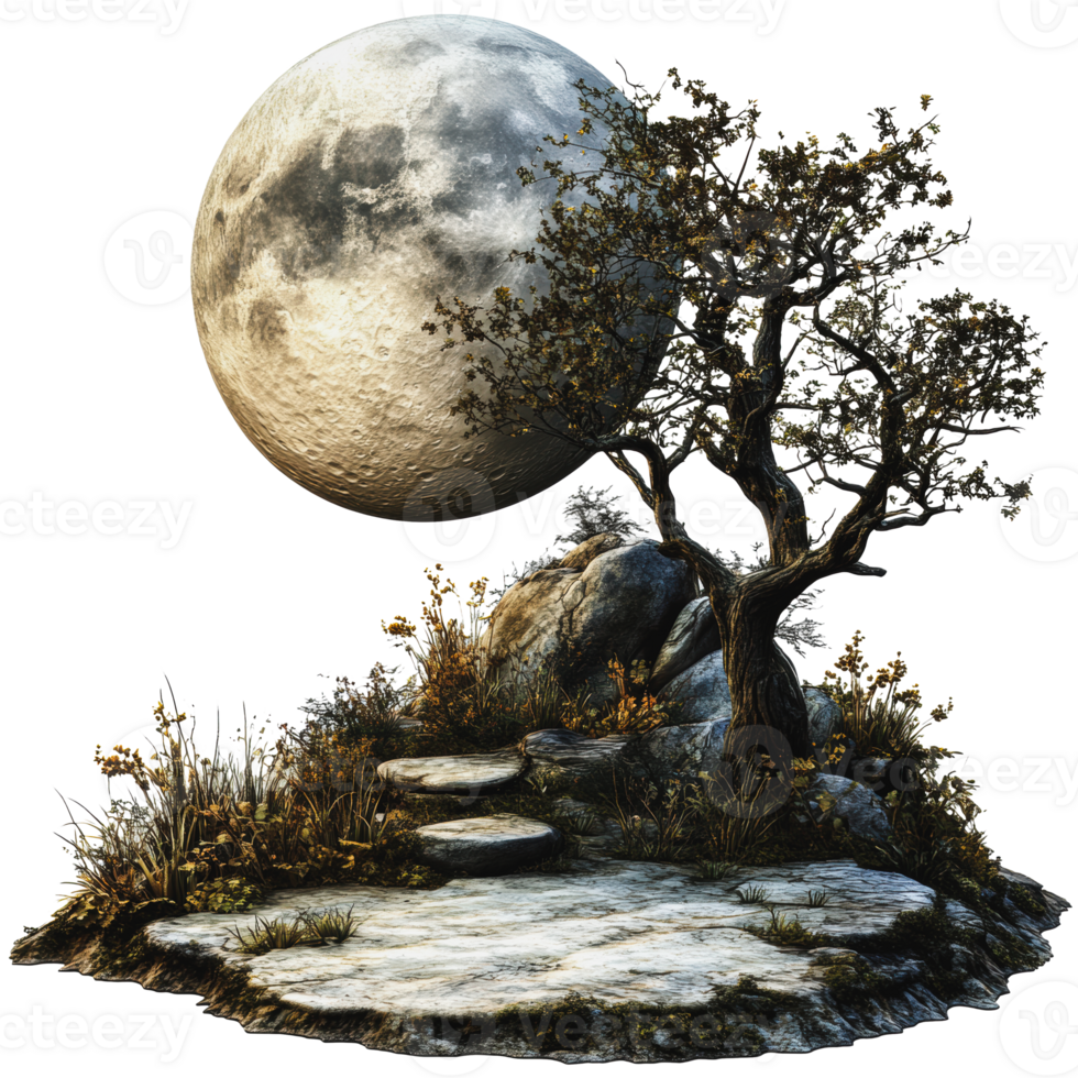 A serene night with a large moon and ancient tree png