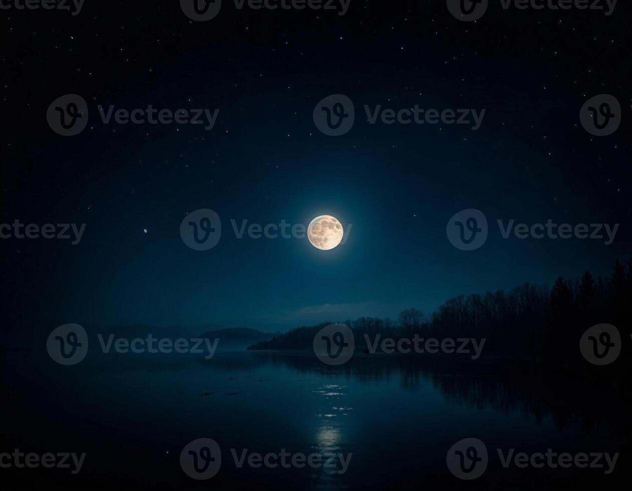 a full moon is seen over a lake at serene night scene of sharad purnima photo