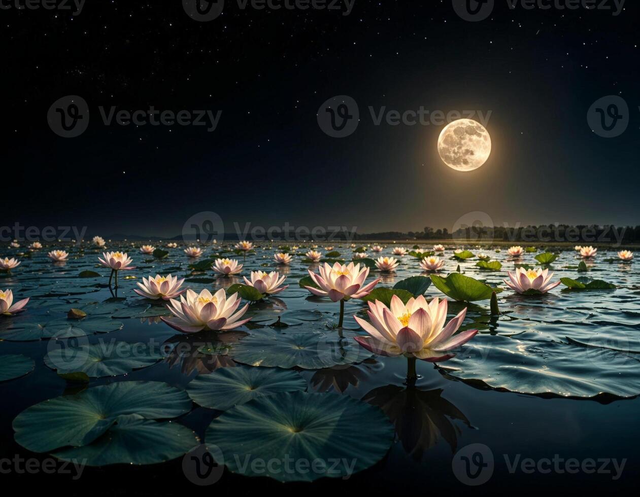 lotus flowers in the pond under the moonlight with full moon on the dark night sky photo