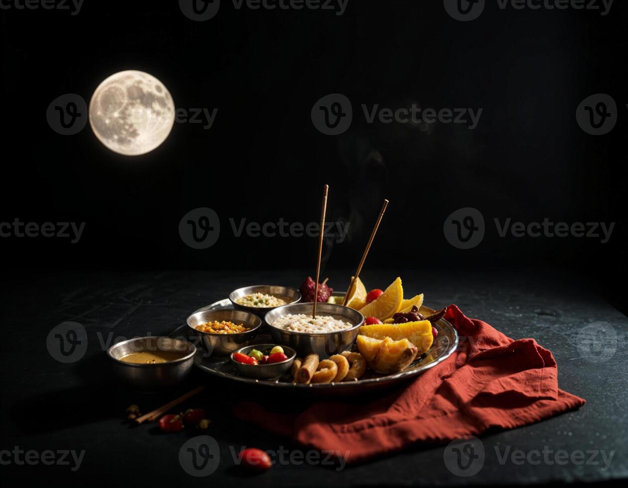 a traditional thali plate with food offering and incense stick with a full moon in the background photo