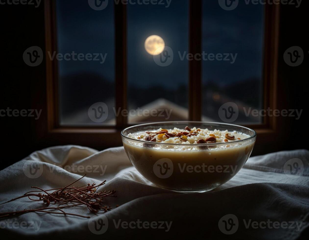 a bowl of rice kheer is sitting on a table in front of a window with a full moon seen on the night sky photo