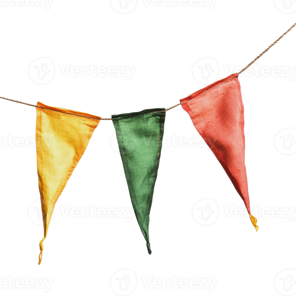 Colorful fabric flags hanging on a string indoors png