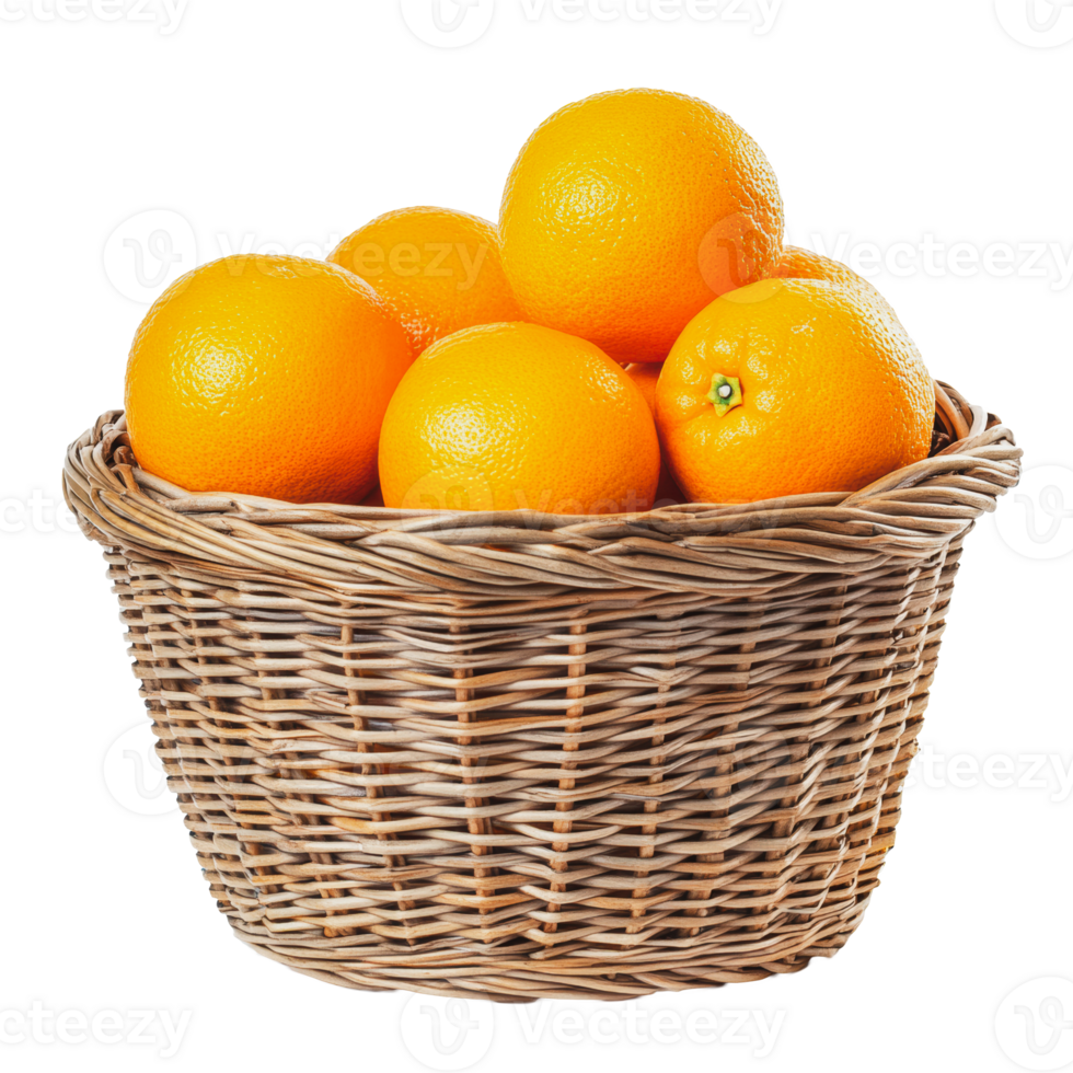 Fresh oranges in a woven basket on a table png