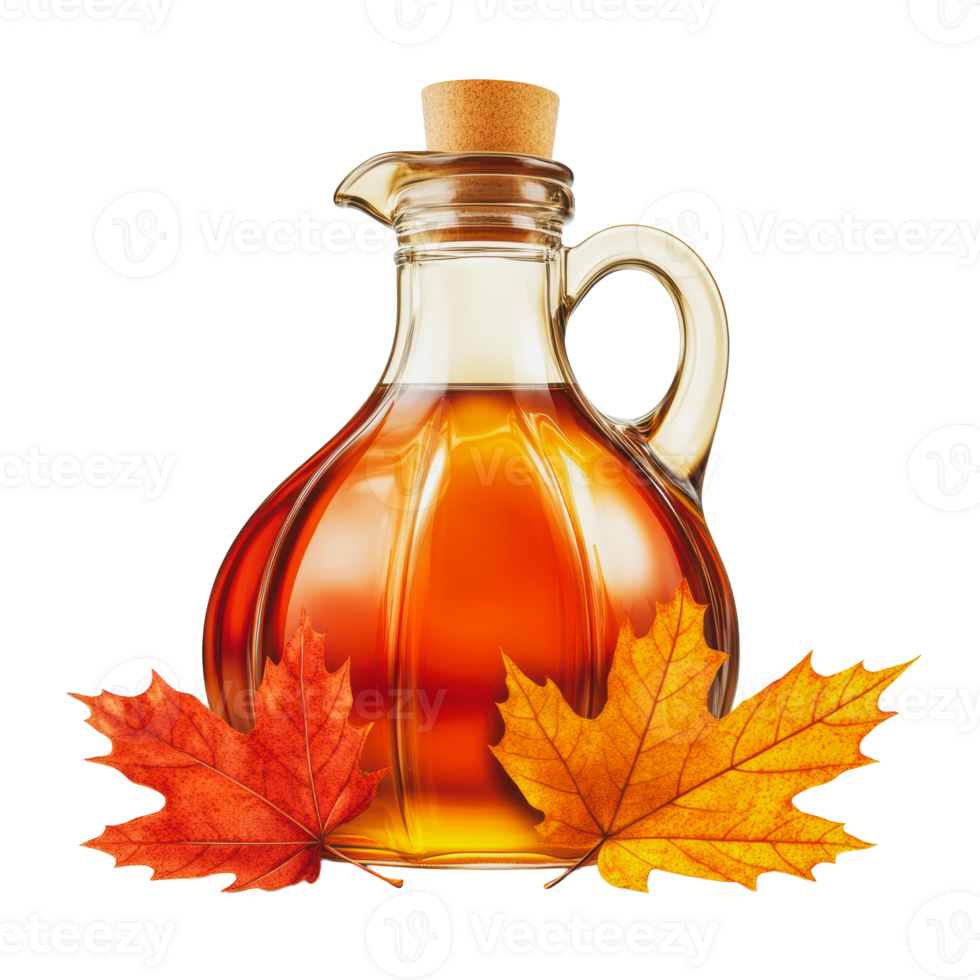 Maple syrup in a glass jar with autumn leaves png