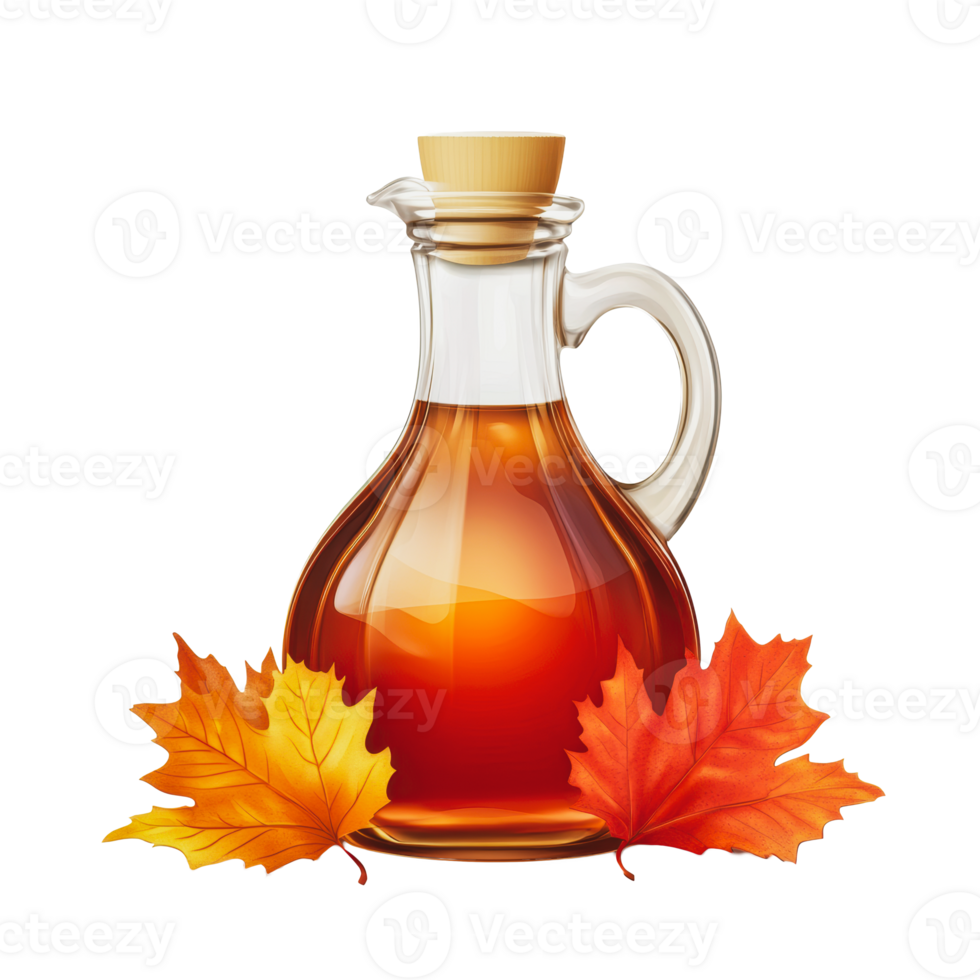 Maple syrup in a glass bottle with autumn leaves png