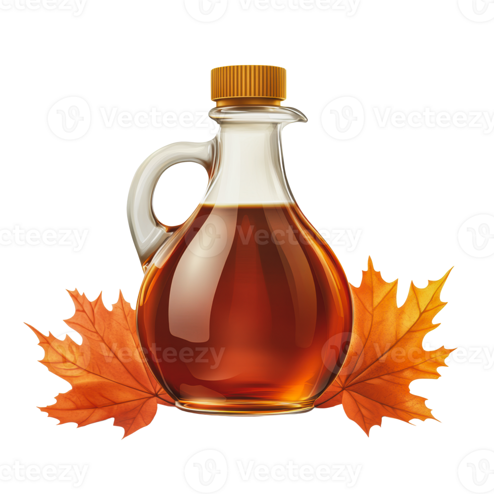 Maple syrup bottle with autumn leaves png