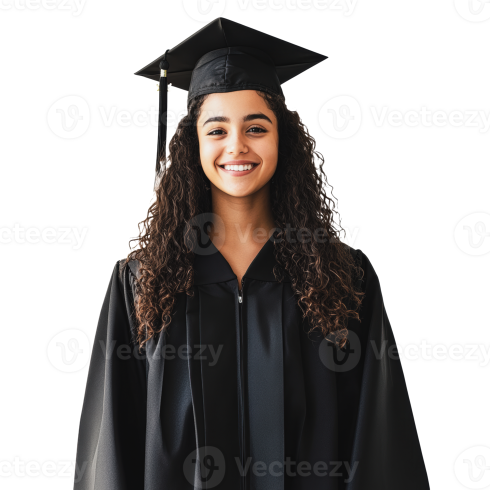 Young woman in graduation cap and gown smiling png