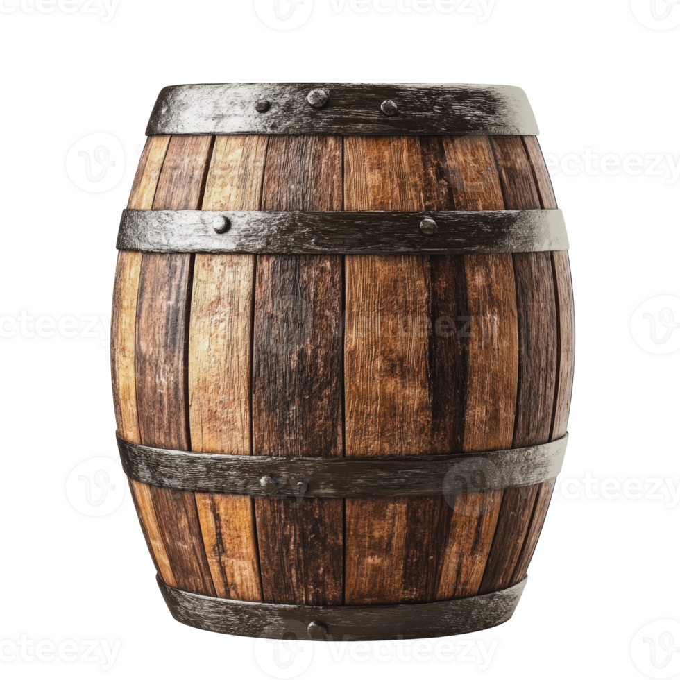 Rustic wooden barrel placed on a clean surface png