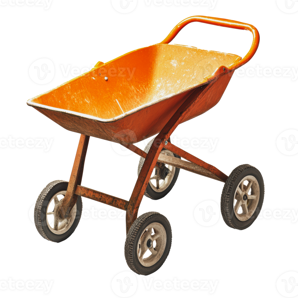 Orange wheelbarrow on four wheels in bright light png