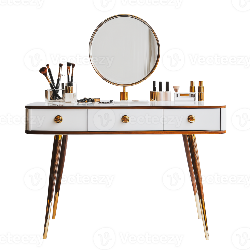 Elegant vanity table with mirror and cosmetics png