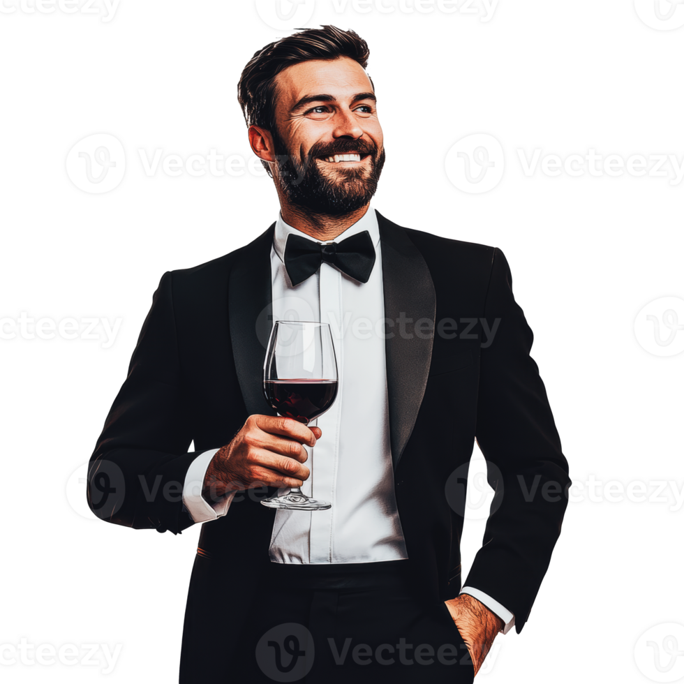 Man in tuxedo toasting with red wine png