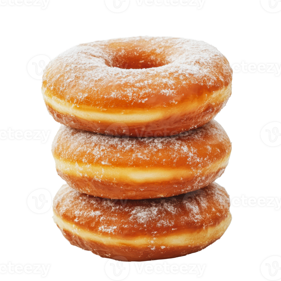 Three powdered sugar donuts stacked on a plate png