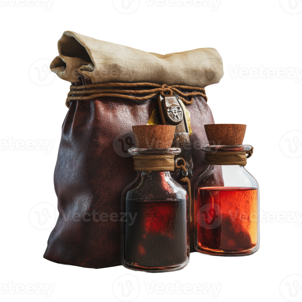 Leather pouch with jars of colored liquid png