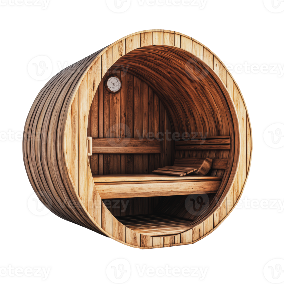 Wooden barrel sauna interior with clock and bench png