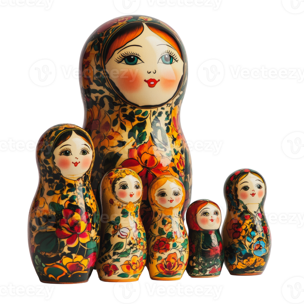 Russian nesting dolls in traditional floral design png
