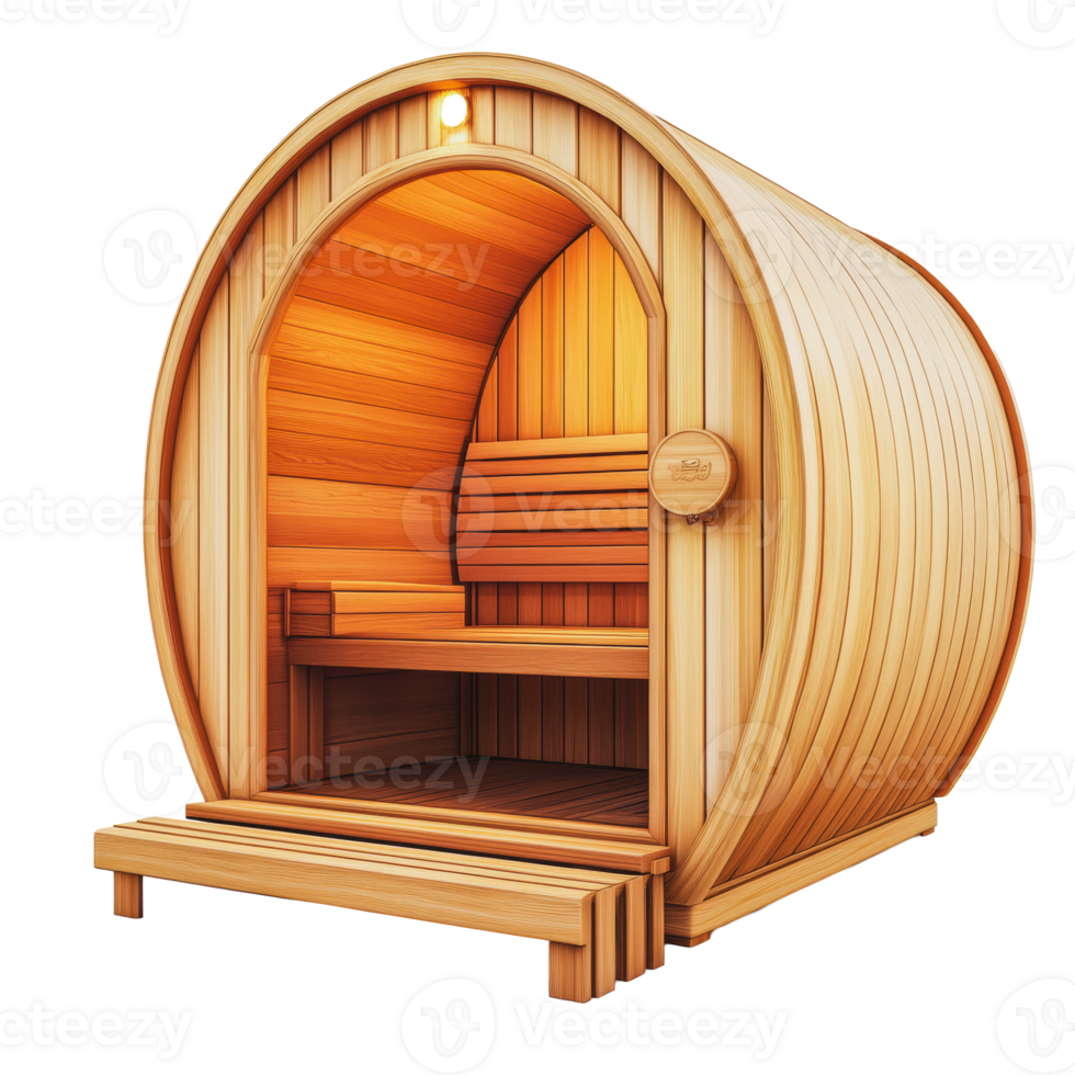 Wooden barrel sauna located in a tranquil setting png