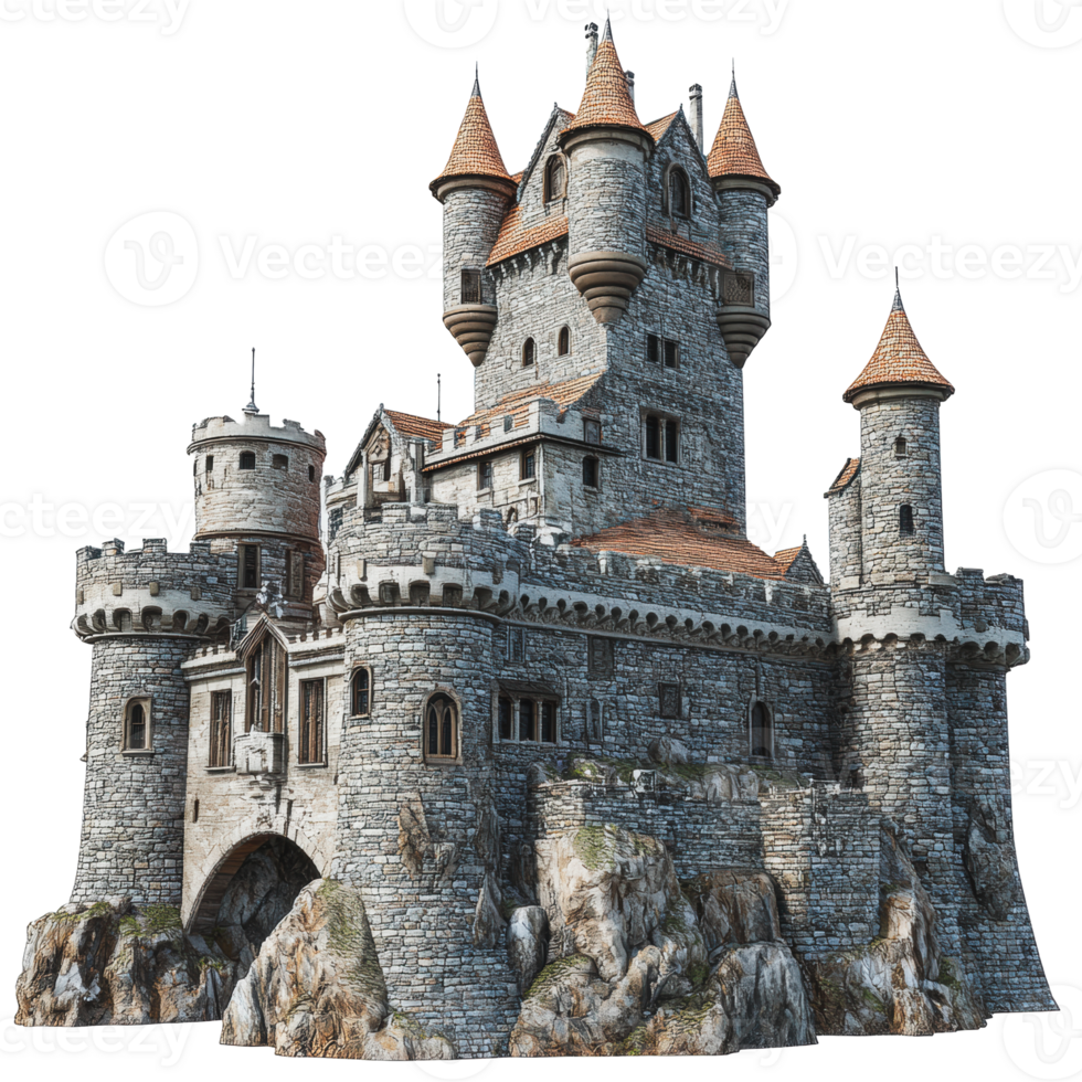Majestic stone castle on rocky terrain png