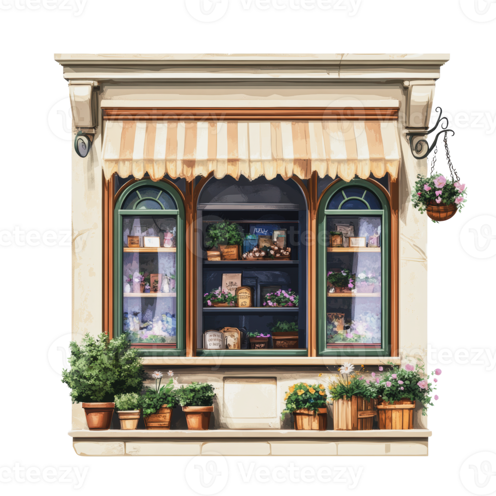 Charming flower shop window with potted plants png