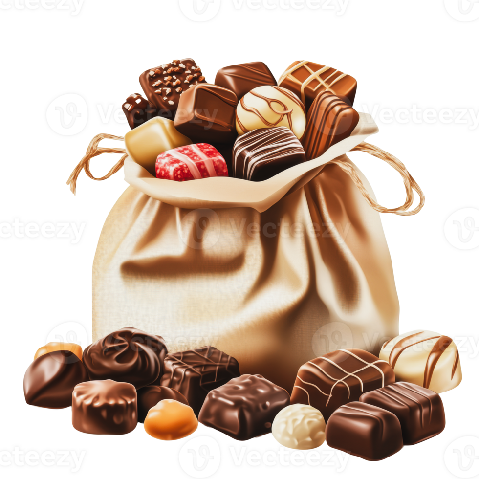 Assorted chocolates in a fabric bag on display png