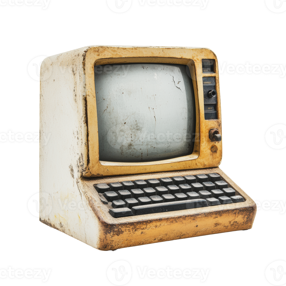 Vintage computer with worn keyboard on display png