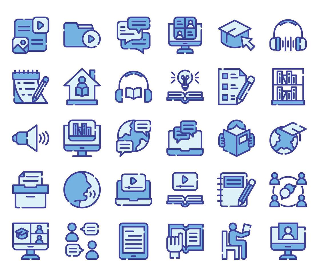 Language learning blue-color outline icon set. illustration vector