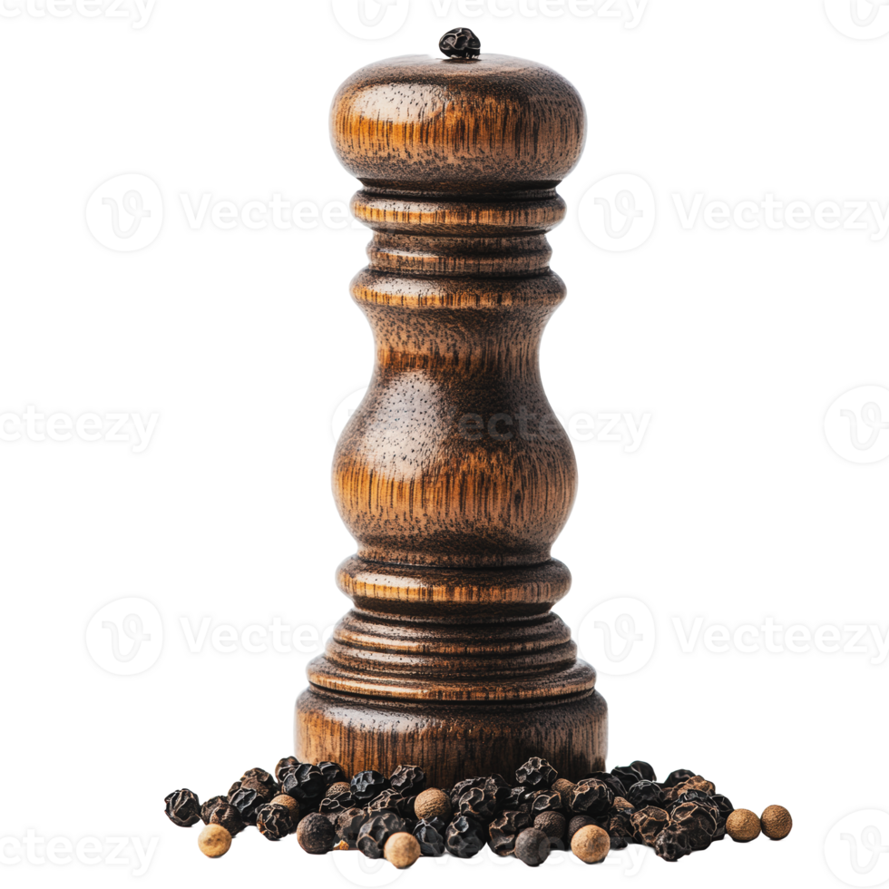 Wooden pepper mill with scattered peppercorns png