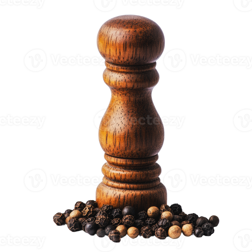 Wooden pepper mill with assorted peppercorns png