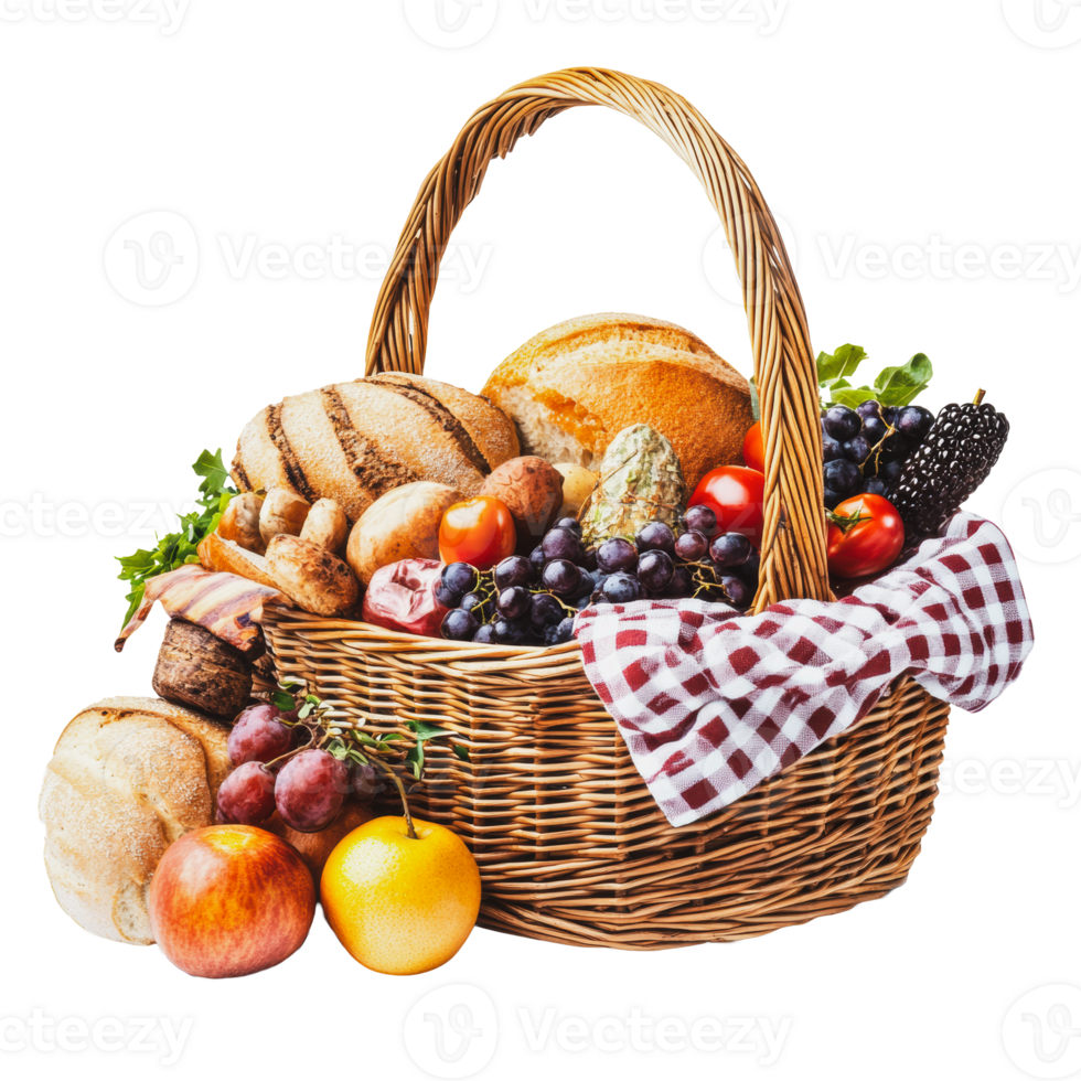 Freshly gathered fruit and bread basket display png