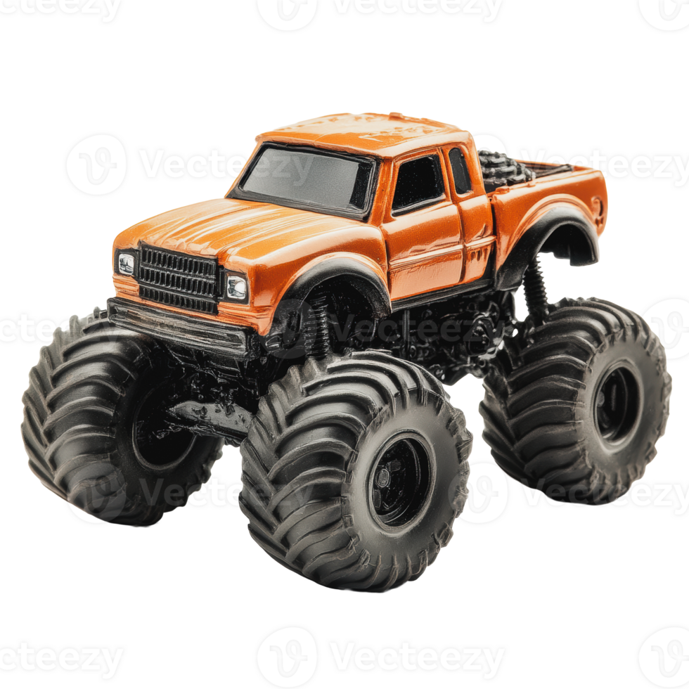 Orange toy monster truck on large wheels png